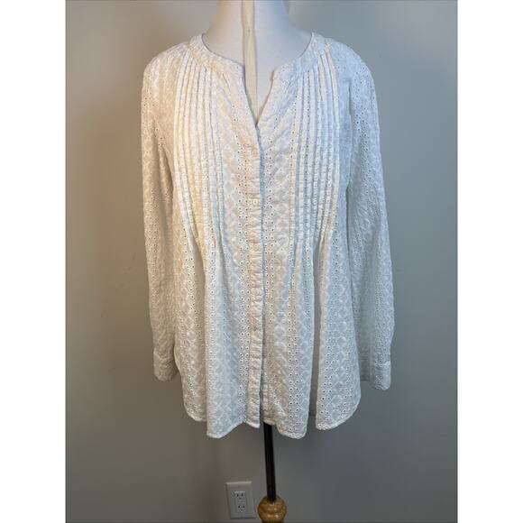 Fever White Eyelet Pintuck Boho Blouse Women’s L Cotton Peasant Top - Picture 7 of 16